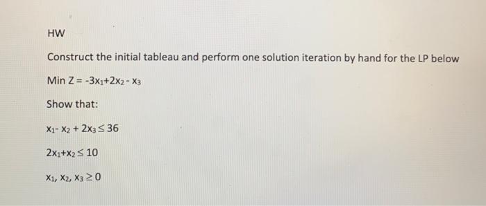 HW Construct the initial tableau and perform one