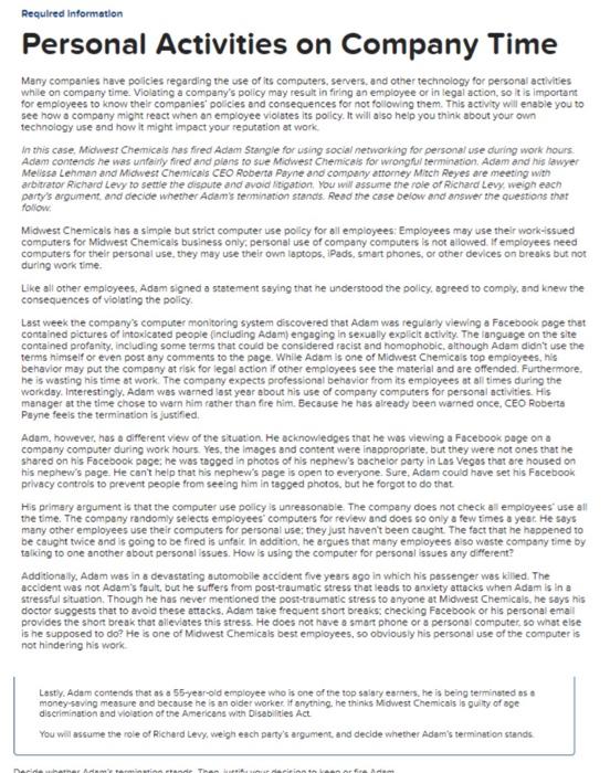 Required information Personal Activities on