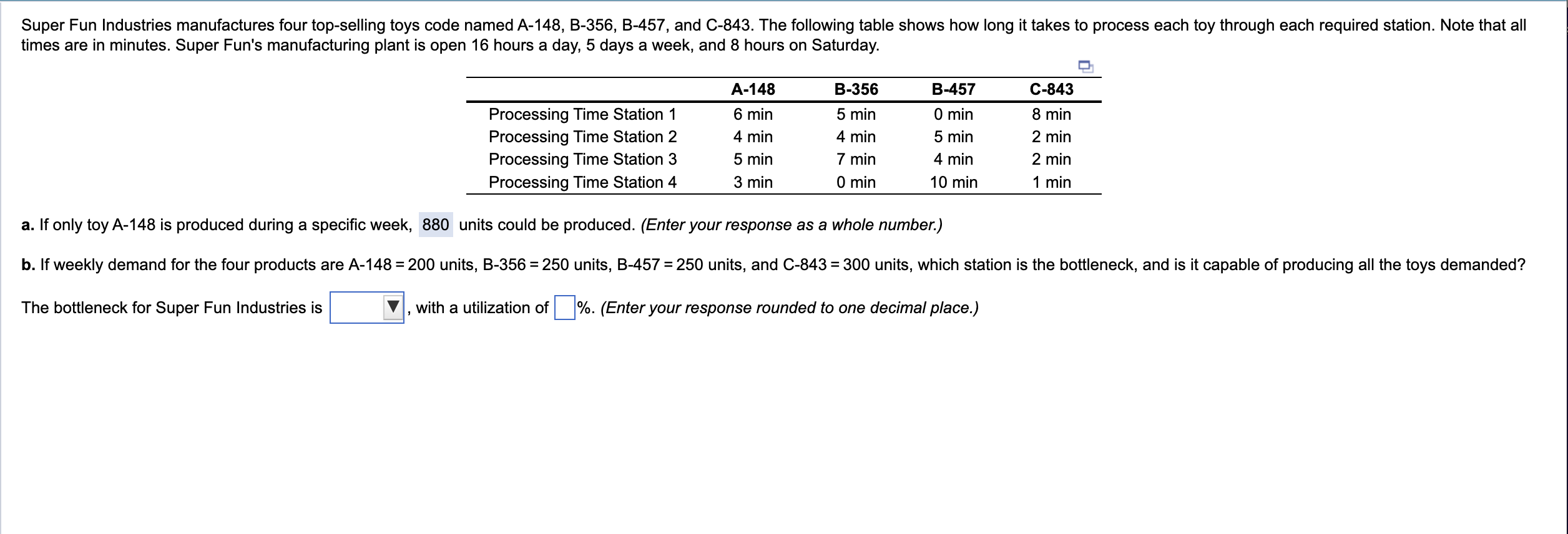 a. If only toy A148 is produced during a specific