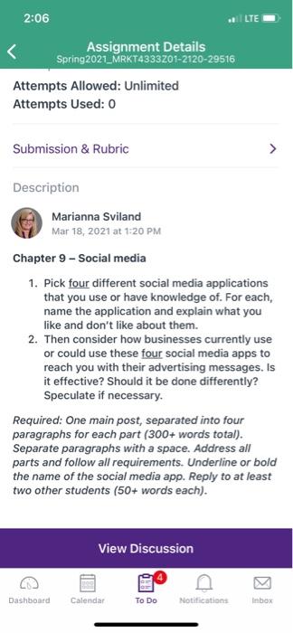 LTE 2:06 < Assignment Details Spring
