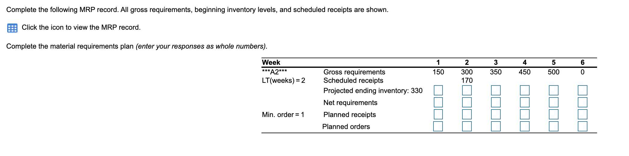 2 6 Week ***A2*** LT(weeks) = 2 1 150 3 350 4 450
