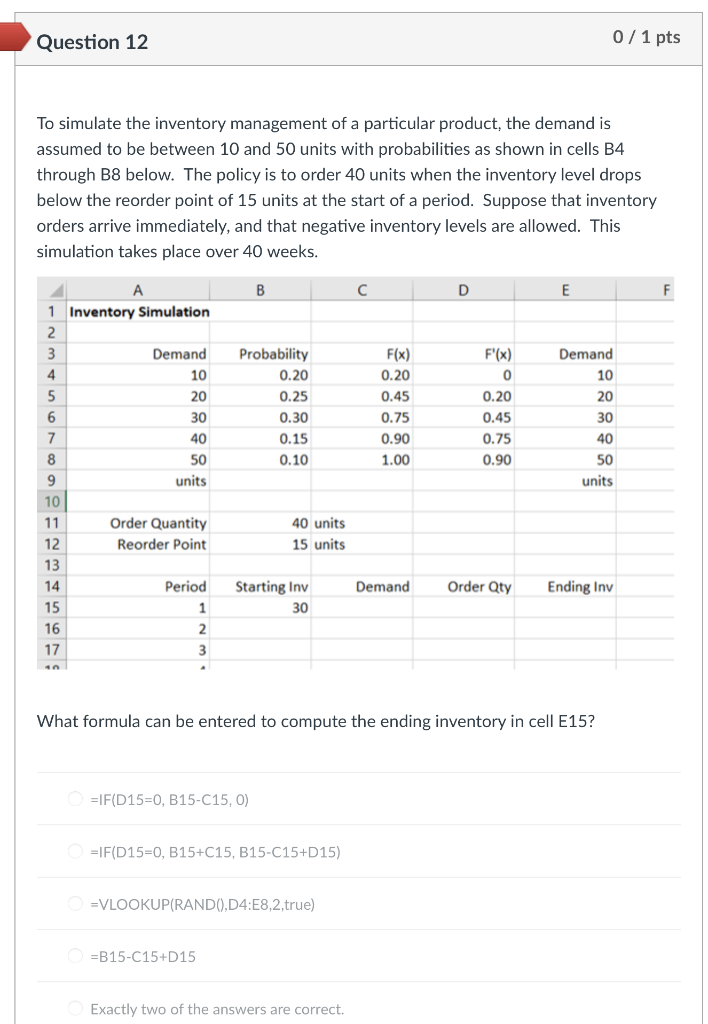 Question 12 0/ 1 pts To simulate the inventory