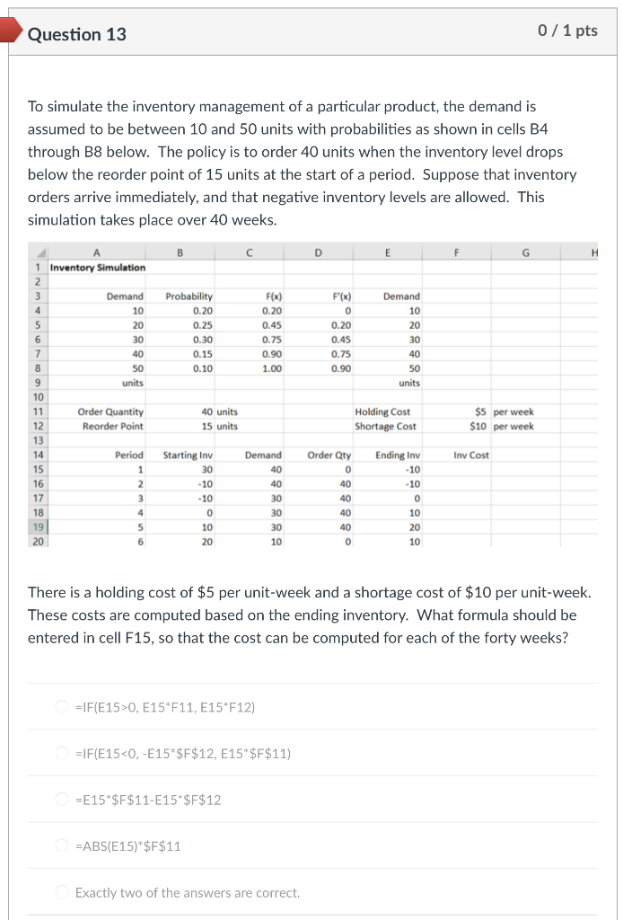Question 13 0/ 1 pts To simulate the inventory