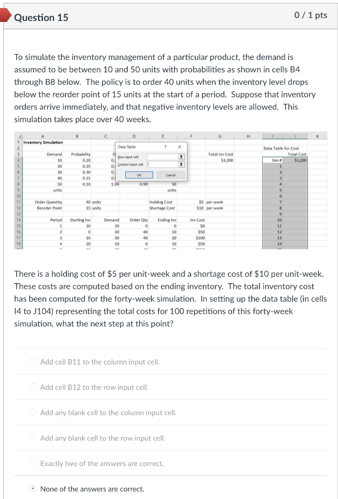 Question 15 0 / 1 pts To simulate the inventory