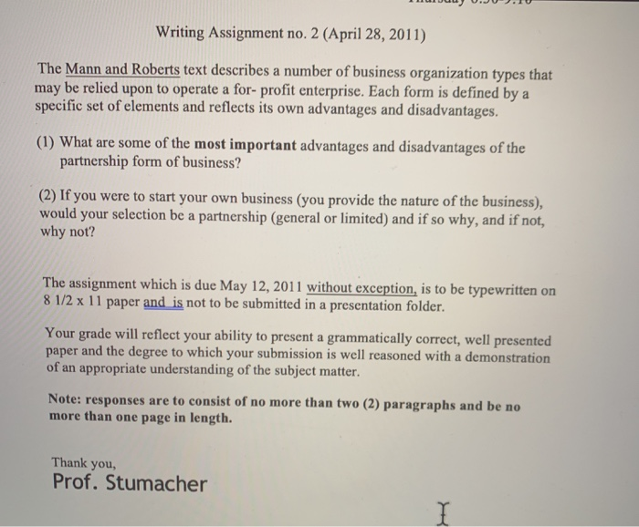 Writing Assignment no. 2 (April 28, 2011) The