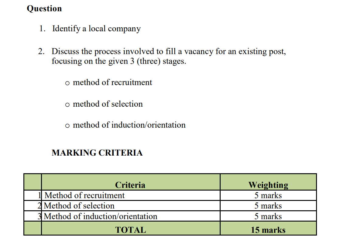 Question 1. Identify a local company 2. Discuss
