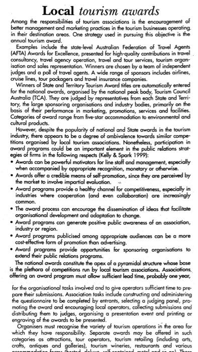 Local tourism awards Among the responsibilities