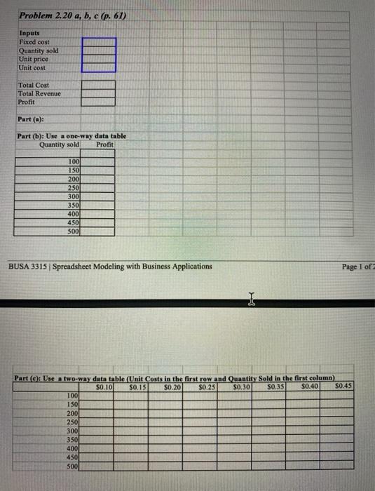 Problem 2.20 a, b, c (p. 61) Inputs Fixed cost