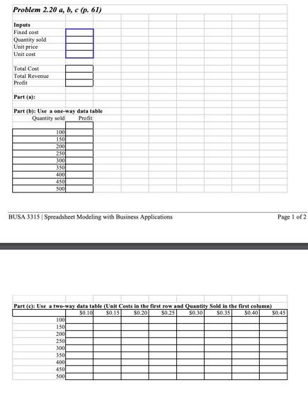 Problem 2.20 a, b, c (p. 61) Inputs Fixed cost
