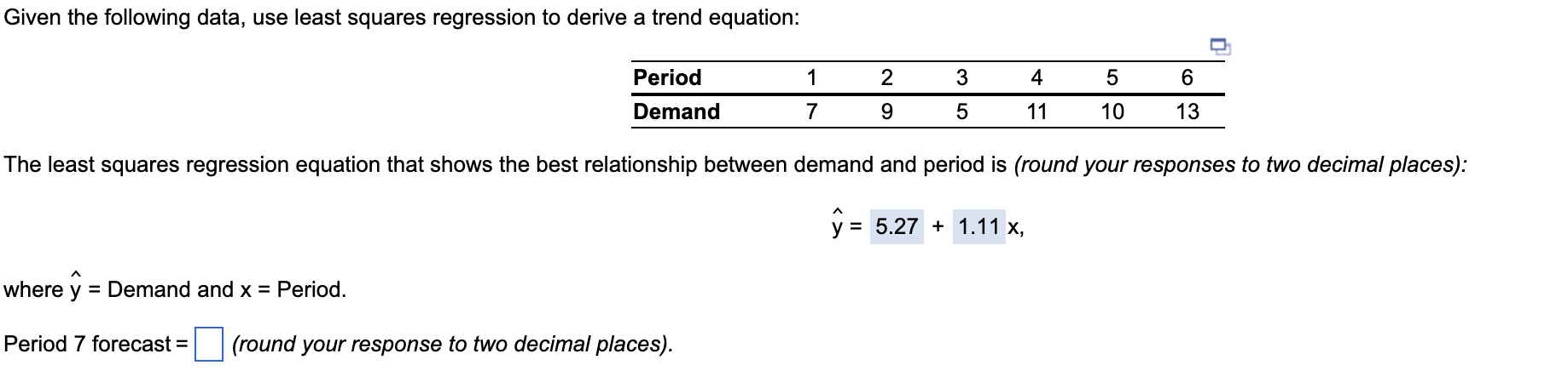 Given the following data, use least squares