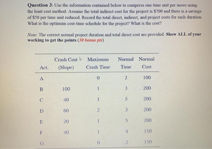 Question 3: Use the information contained below