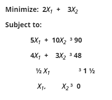 Minimize: 2X, + 3X2 Subject to: 5X, + 10X2 3 90