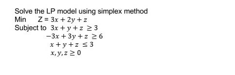Solve the LP model using simplex method Min Z =