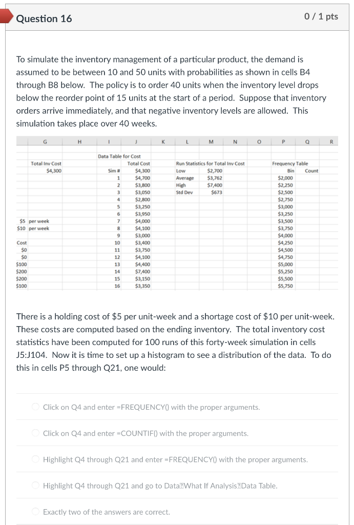 Question 16 0 / 1 pts To simulate the inventory