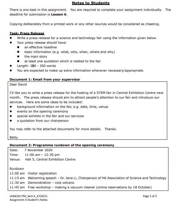 Notes to Students There is one task in this