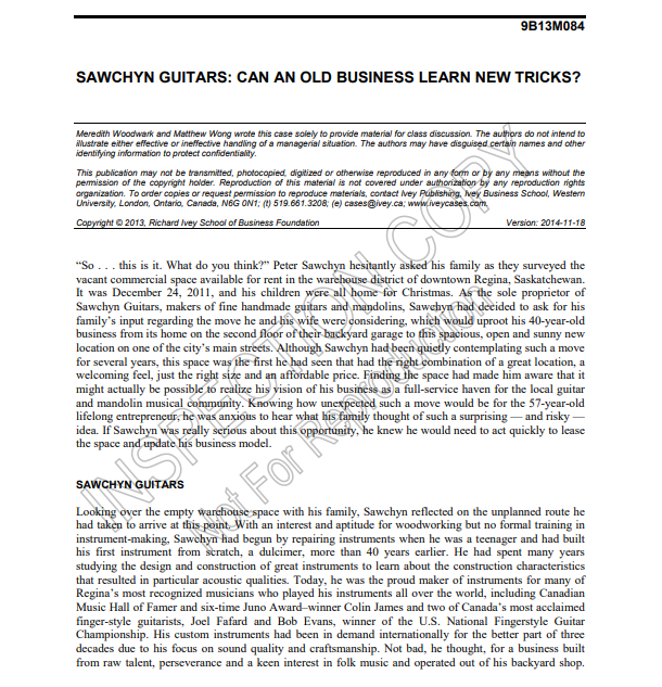 Sawchyn Guitars Case Study Questions: Who are the