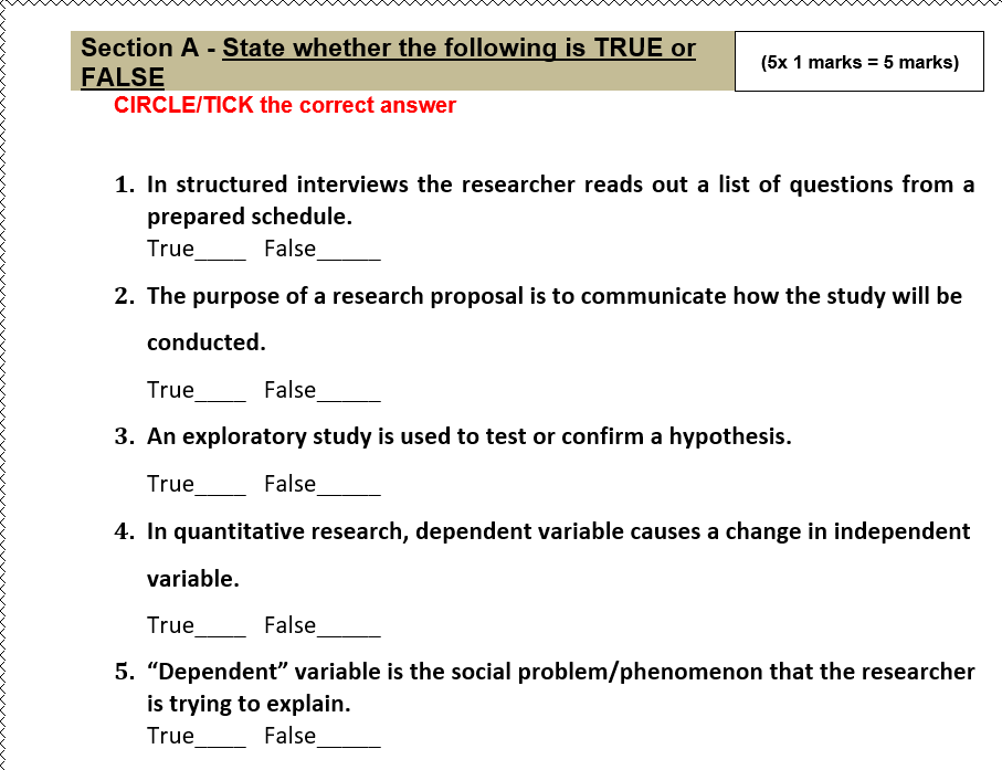 (5x 1 marks = 5 marks) Section A - State whether