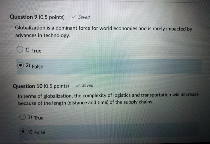 logistics Question 9 (0.5 points) Saved