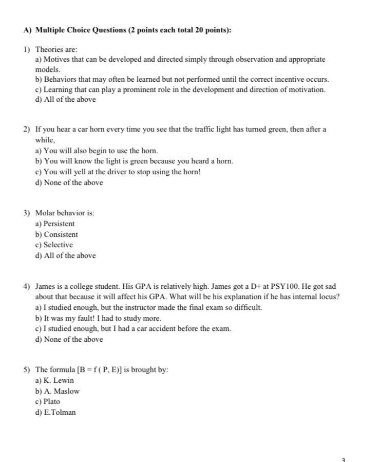 A) Multiple Choice Questions (2 points each total