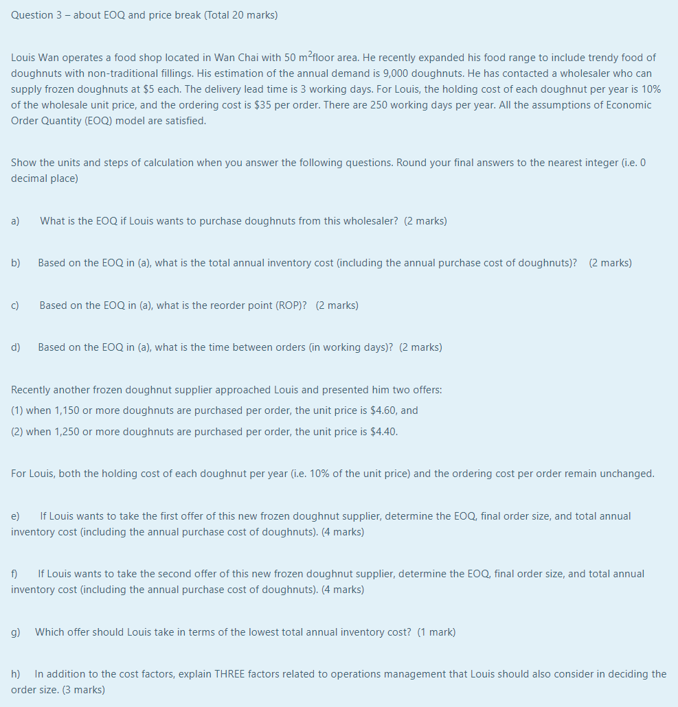 Question 3 - about EOQ and price break (Total 20