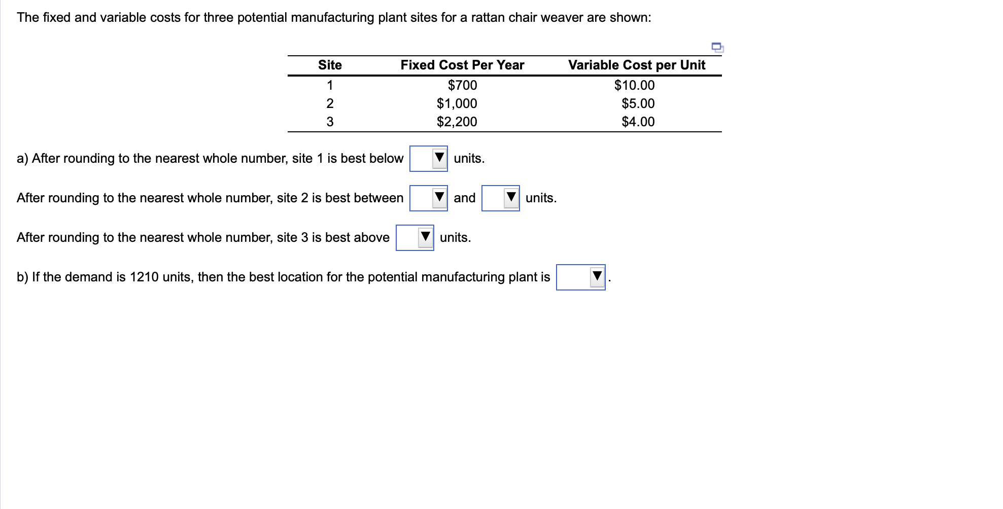 The fixed and variable costs for three potential