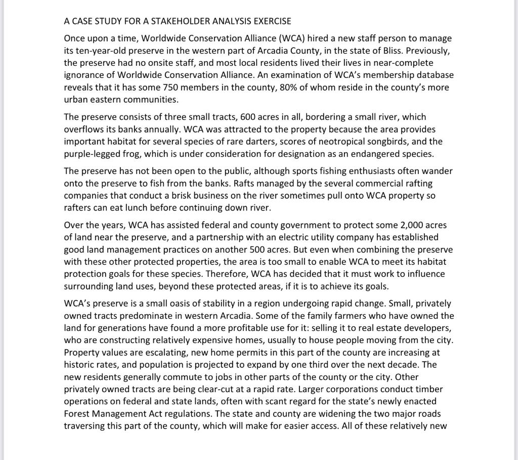 A CASE STUDY FOR A STAKEHOLDER ANALYSIS EXERCISE