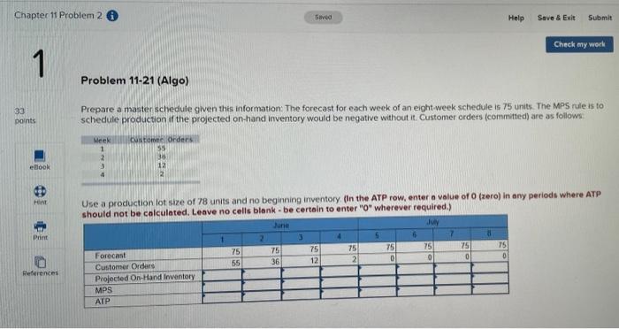 Chapter 11 Problem 2 Save Help Save & Exit Submit