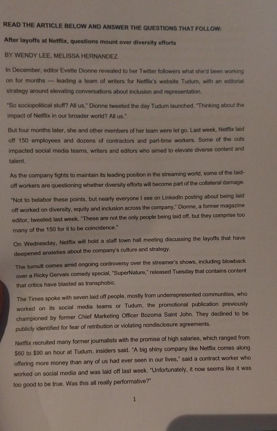 READ THE ARTICLE BELOW AND ANSWER THE QUESTIONS