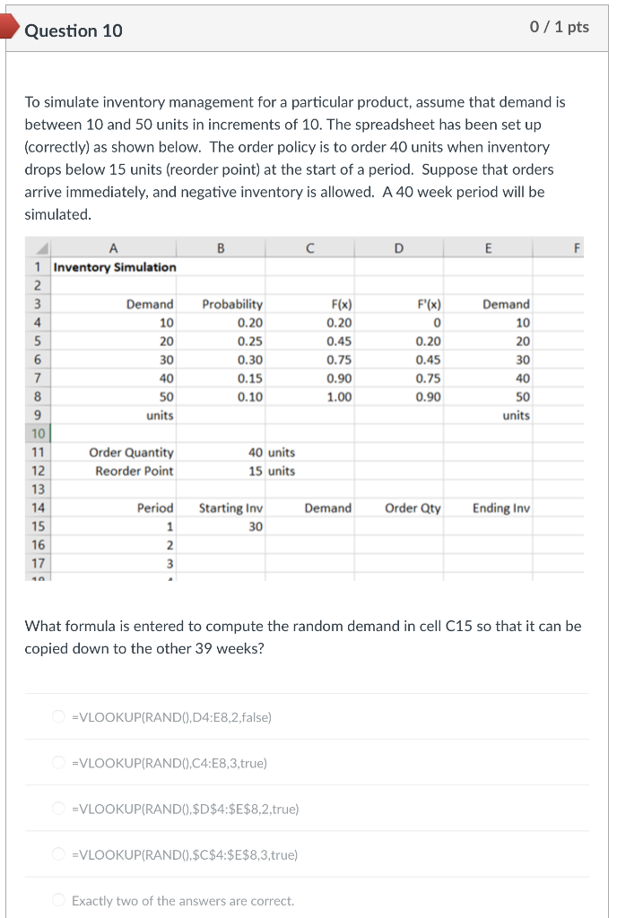 Question 10 0 / 1 pts To simulate inventory
