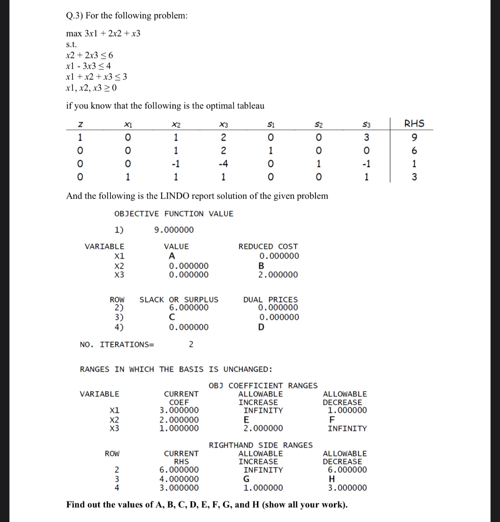 Q.3) For the following problem: max 3x1 + 2x2 +