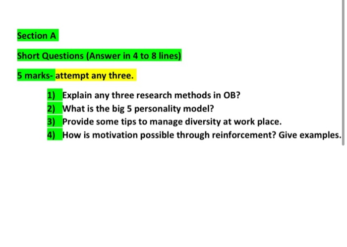 Section A Short Questions (Answer in 4 to 8