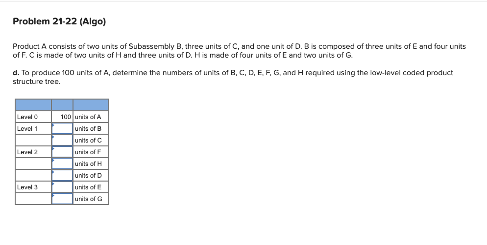 Problem 21-22 (Algo) Product A consists of two