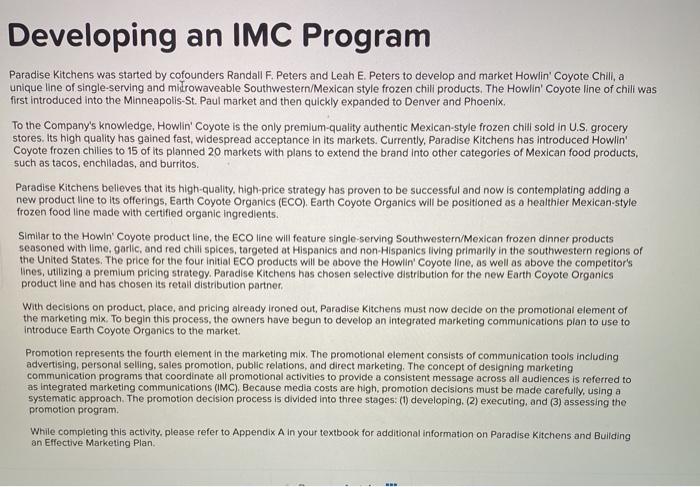 Developing an IMC Program Paradise Kitchens was