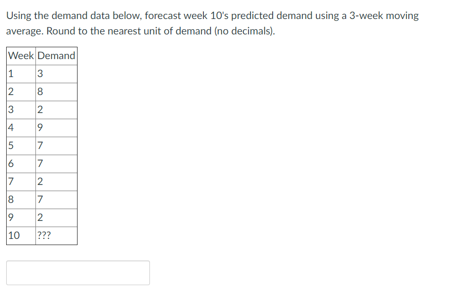 Using the demand data below, forecast week 10's