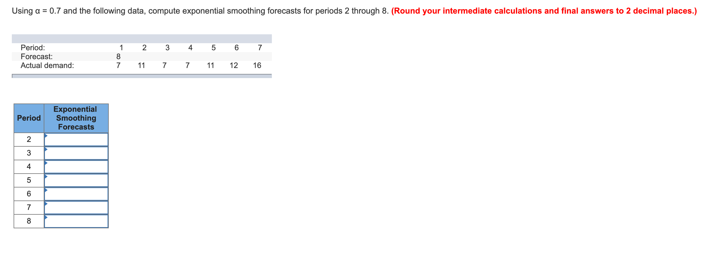 Using a = 0.7 and the following data, compute