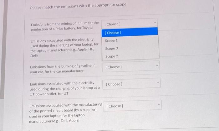 Please match the emissions with the appropriate