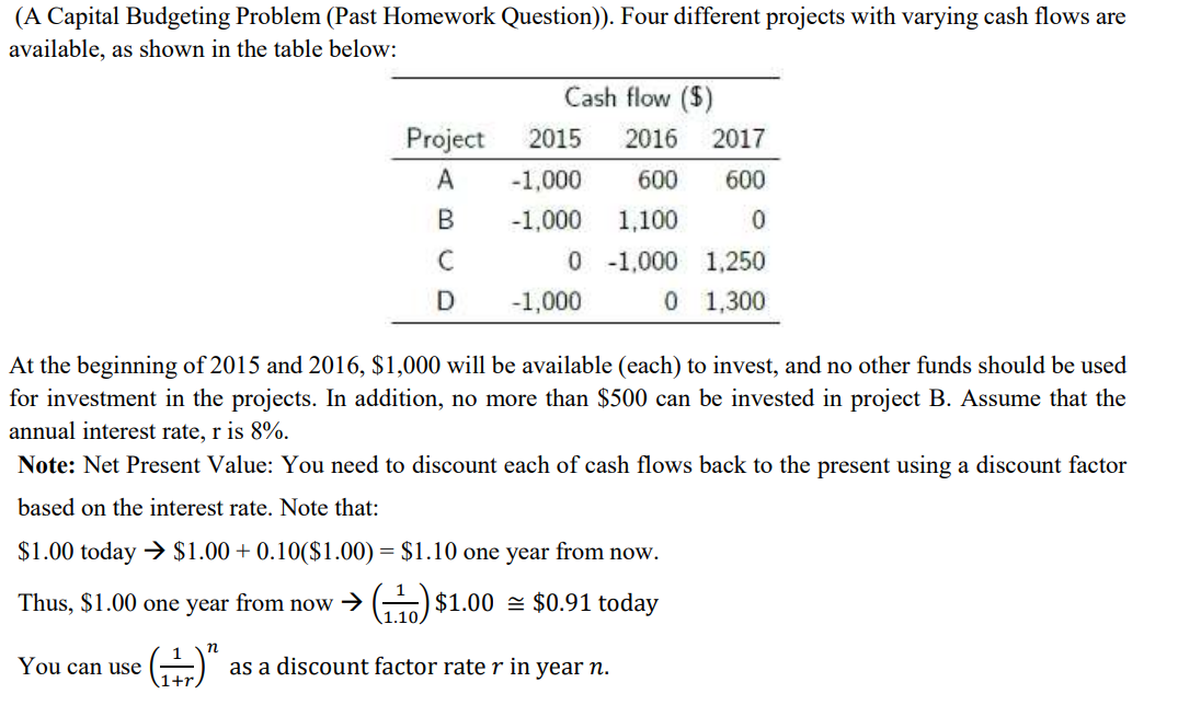 (A Capital Budgeting Problem (Past Homework