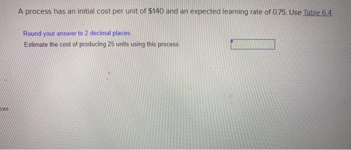 A process has an initial cost per unit of $140