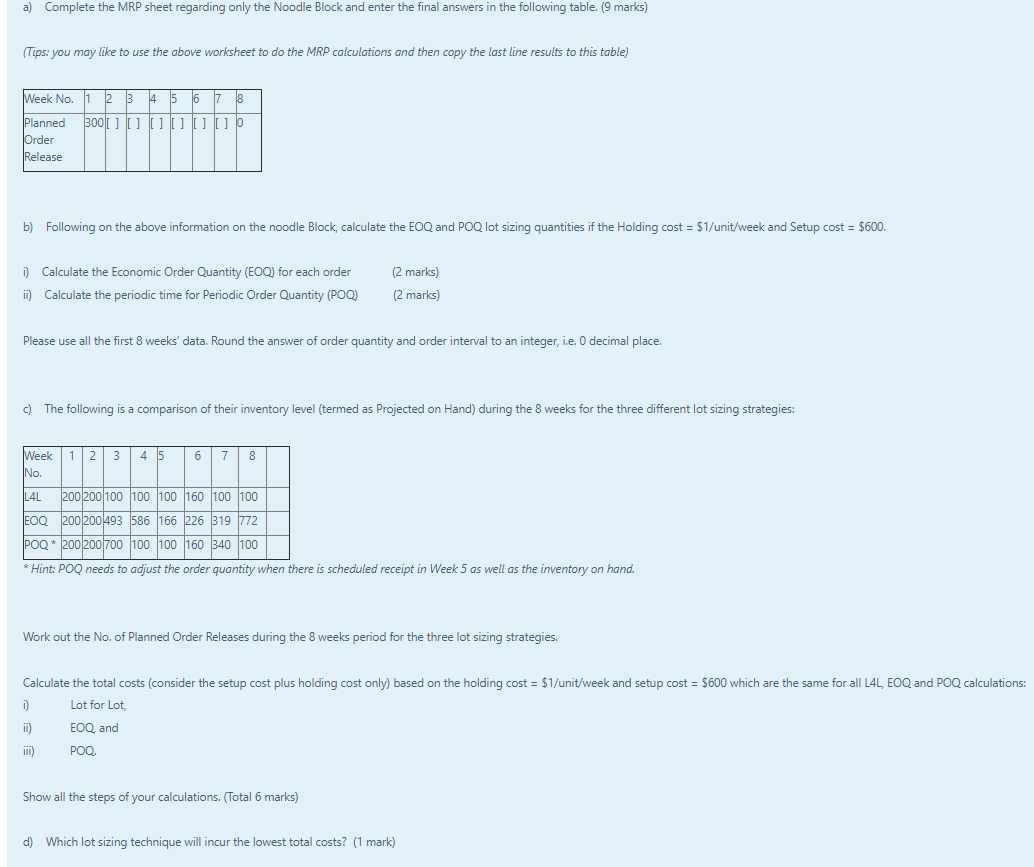 Question 2 - about MRP and Lot Sizing (Total 20