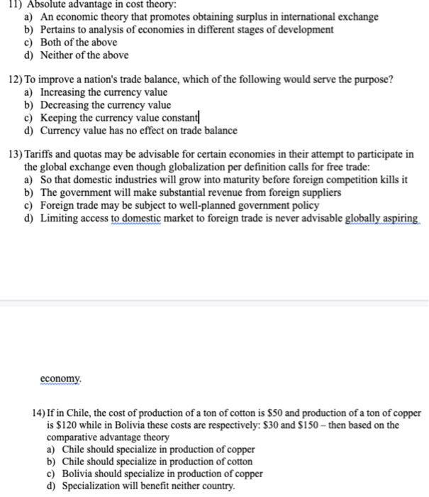 11) Absolute advantage in cost theory: a) An
