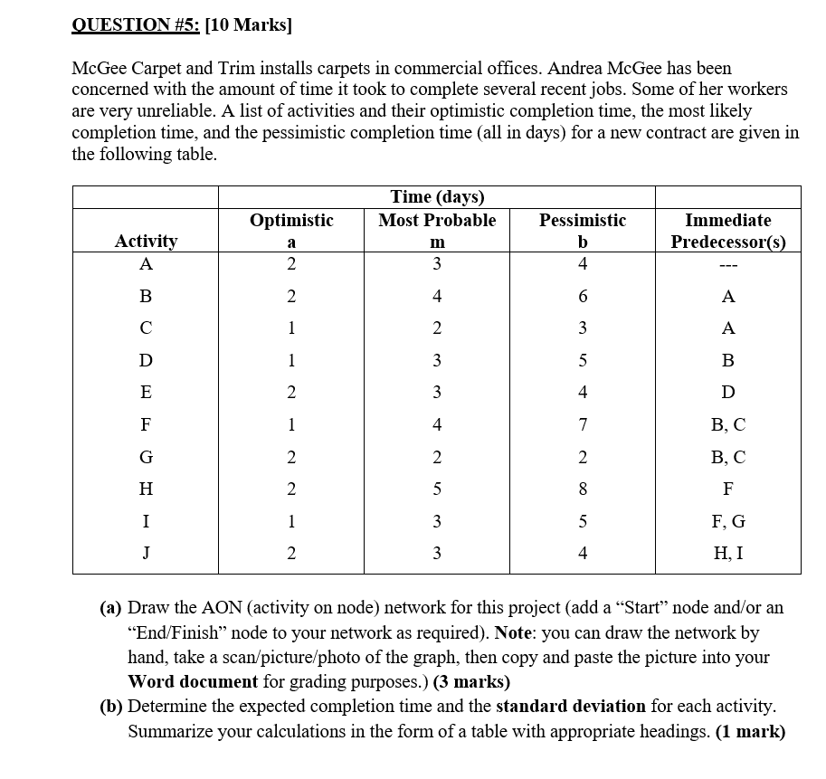 QUESTION #5: [10 Marks] McGee Carpet and Trim