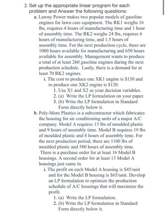 2. Set up the appropriate linear program for each