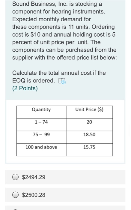 Sound Business, Inc. is stocking a component for