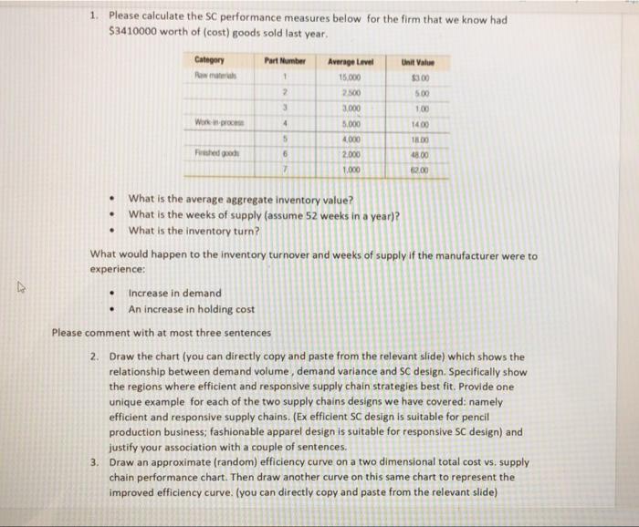 1. Please calculate the SC performance measures