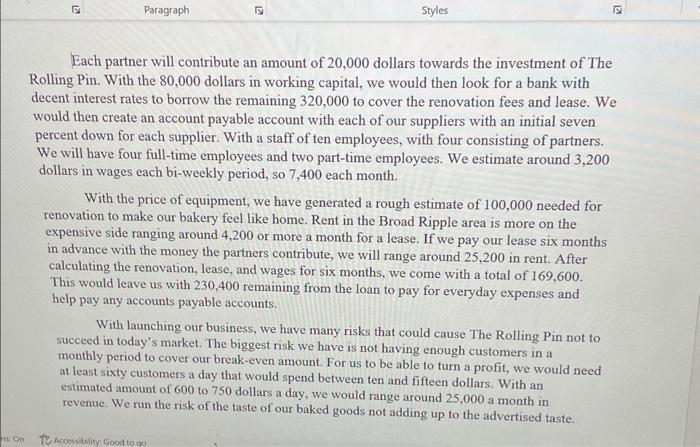 Focus on the financial analysis of our Bakery,