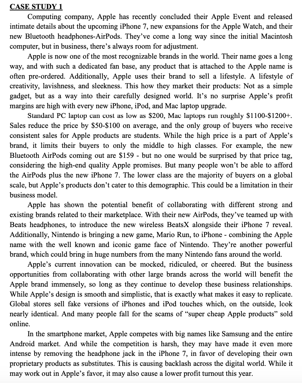 CASE STUDY 1 Computing company, Apple has