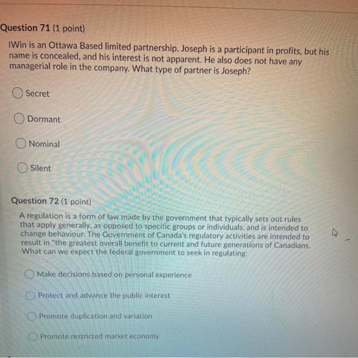 Question 71 (1 point) IWin is an Ottawa Based