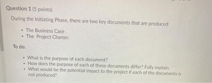 Question 1 (5 points) During the Initiating
