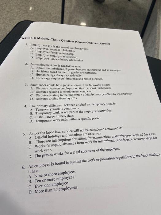 Section 1: Multiple Choice Questions (Choose ONE