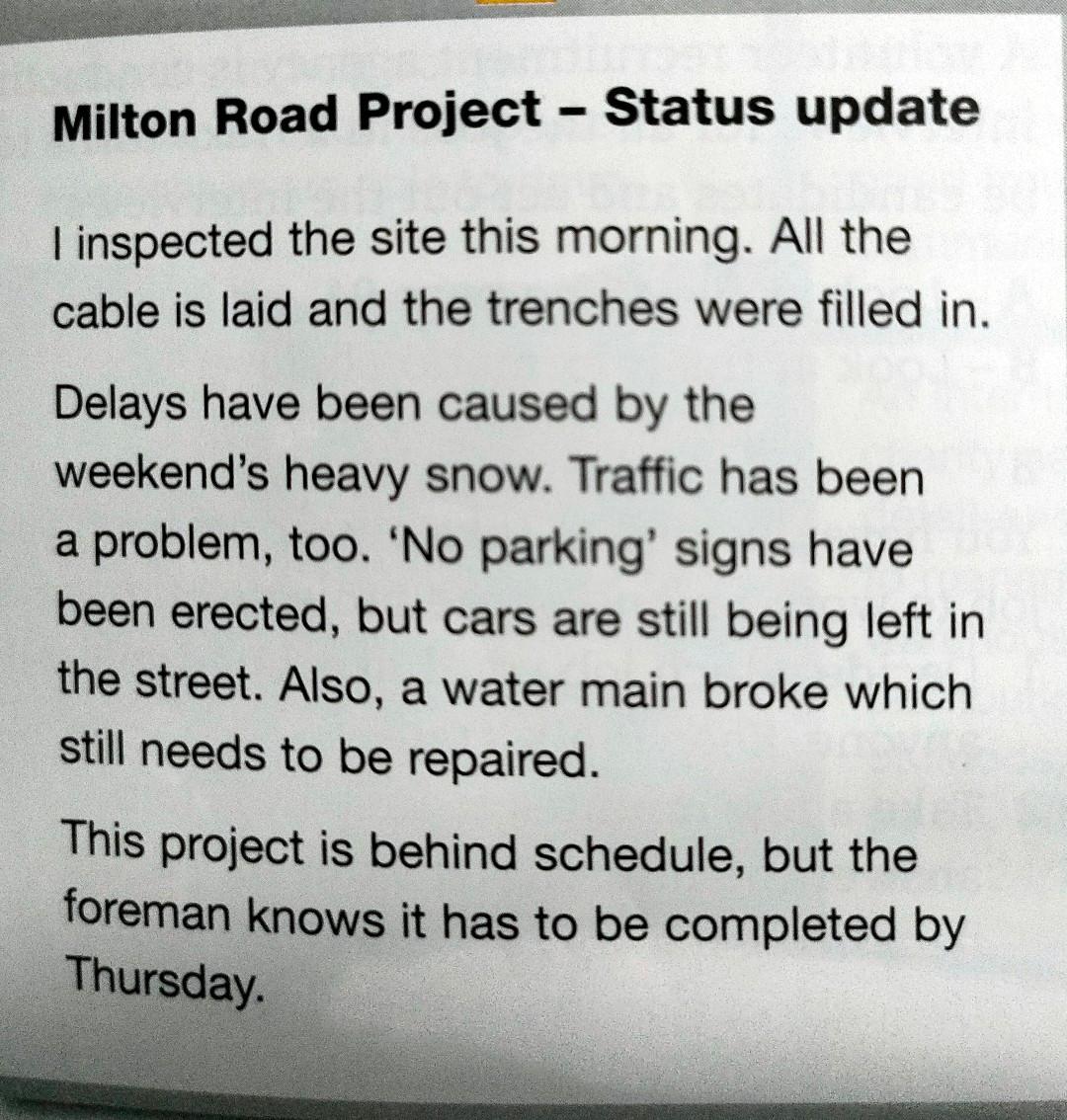 Write a progress report with 2 items that have